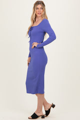 Blue Ribbed Long Sleeve Squareneck Fitted Midi Dress