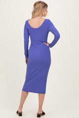 Blue Ribbed Long Sleeve Squareneck Fitted Midi Dress