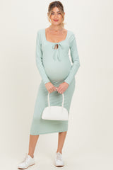 Sage Ribbed Long Sleeve Squareneck Fitted Maternity Midi Dress