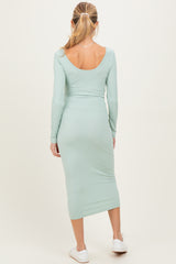 Sage Ribbed Long Sleeve Squareneck Fitted Maternity Midi Dress