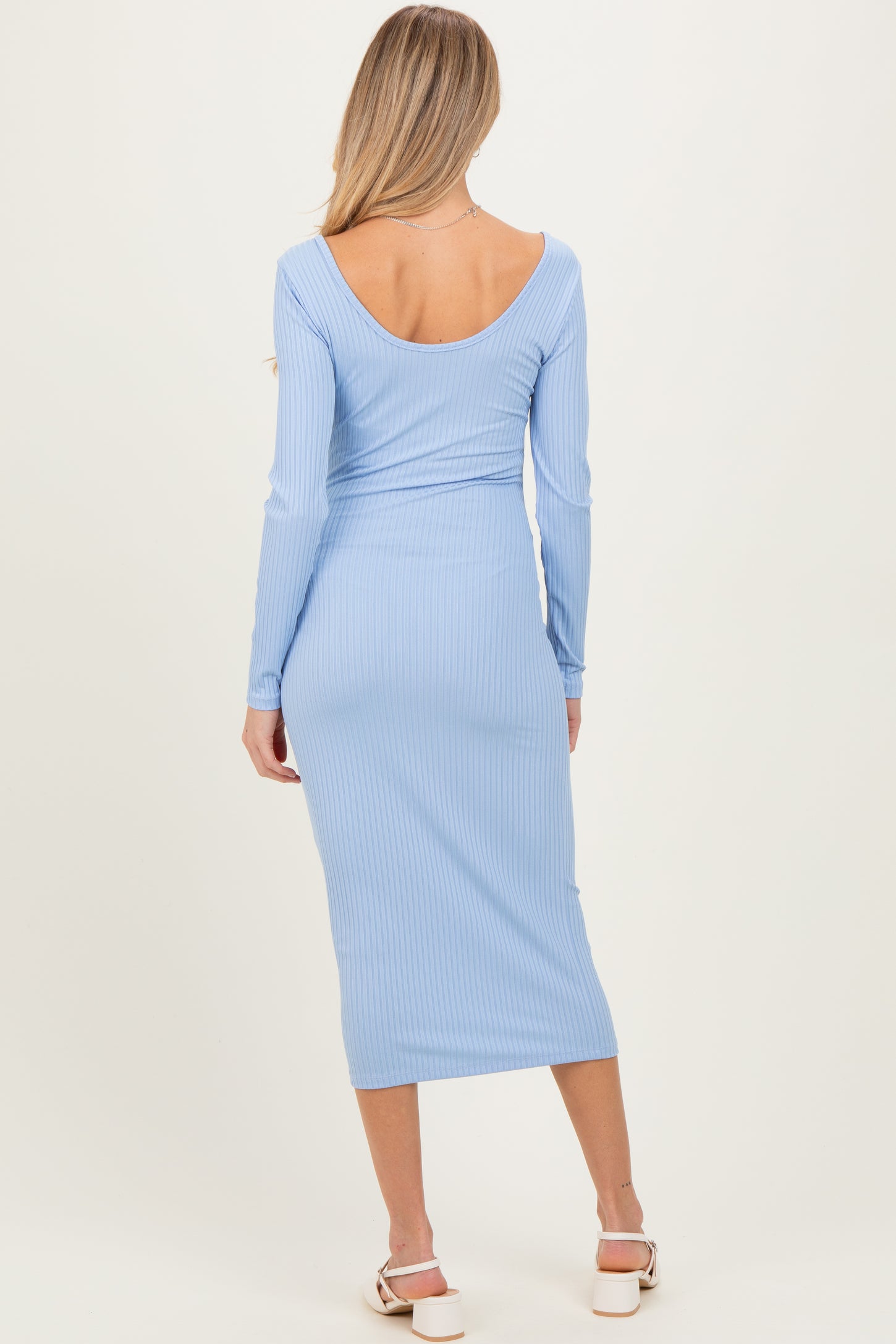 Light Blue Ribbed Long Sleeve Squareneck Fitted Maternity Midi Dress