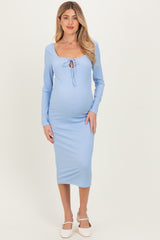 Light Blue Ribbed Long Sleeve Squareneck Fitted Maternity Midi Dress