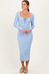 Light Blue Ribbed Long Sleeve Squareneck Fitted Maternity Midi Dress