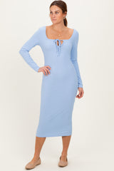 Light Blue Ribbed Long Sleeve Squareneck Fitted Midi Dress