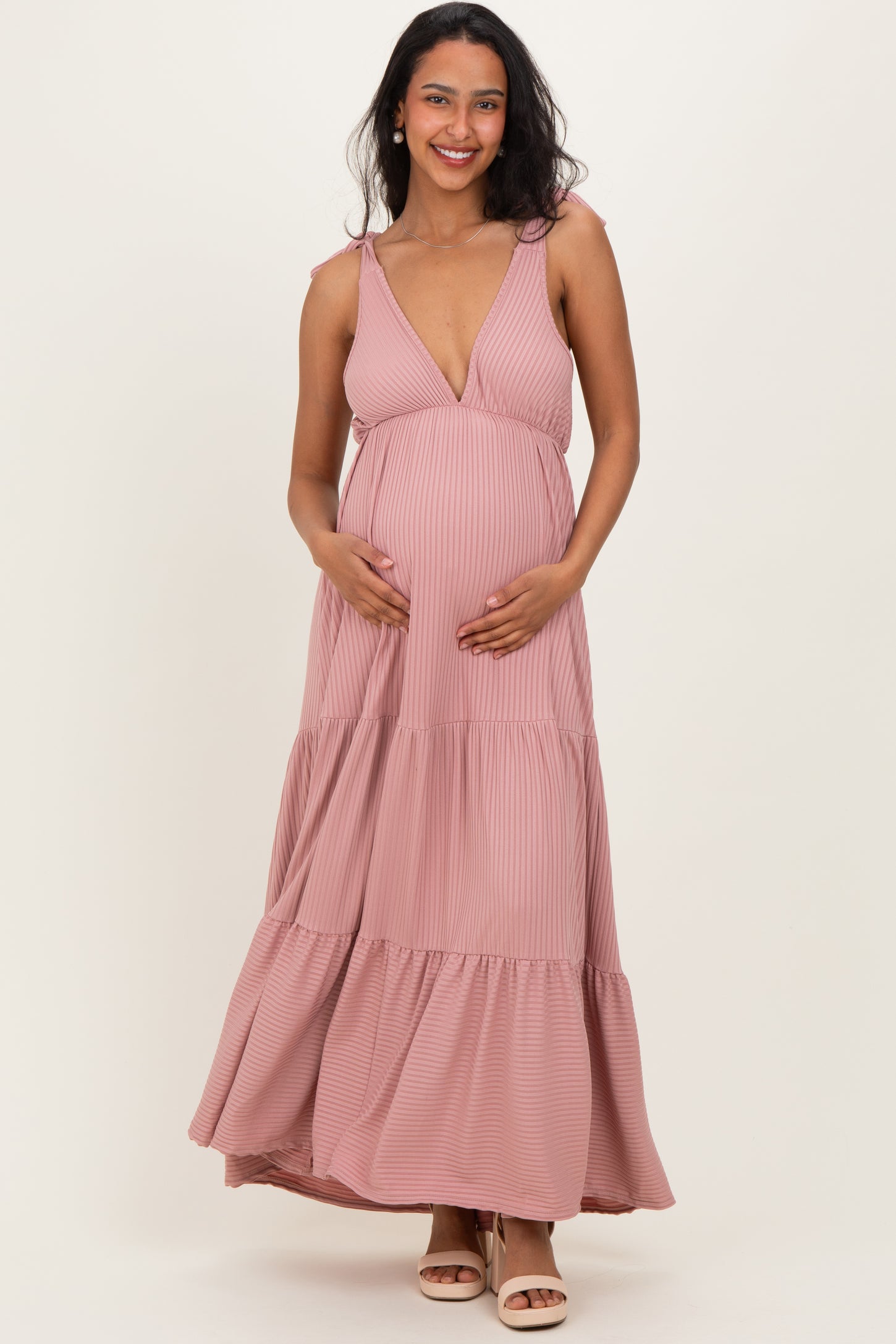 Mauve Shoulder Tie Ribbed Tiered Maternity Maxi Dress