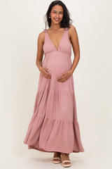 Mauve Shoulder Tie Ribbed Tiered Maternity Maxi Dress