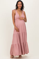 Mauve Shoulder Tie Ribbed Tiered Maternity Maxi Dress