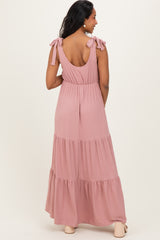 Mauve Shoulder Tie Ribbed Tiered Maternity Maxi Dress
