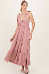 Mauve Shoulder Tie Ribbed Tiered Maternity Maxi Dress