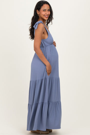Blue Shoulder Tie Ribbed Tiered Maternity Maxi Dress