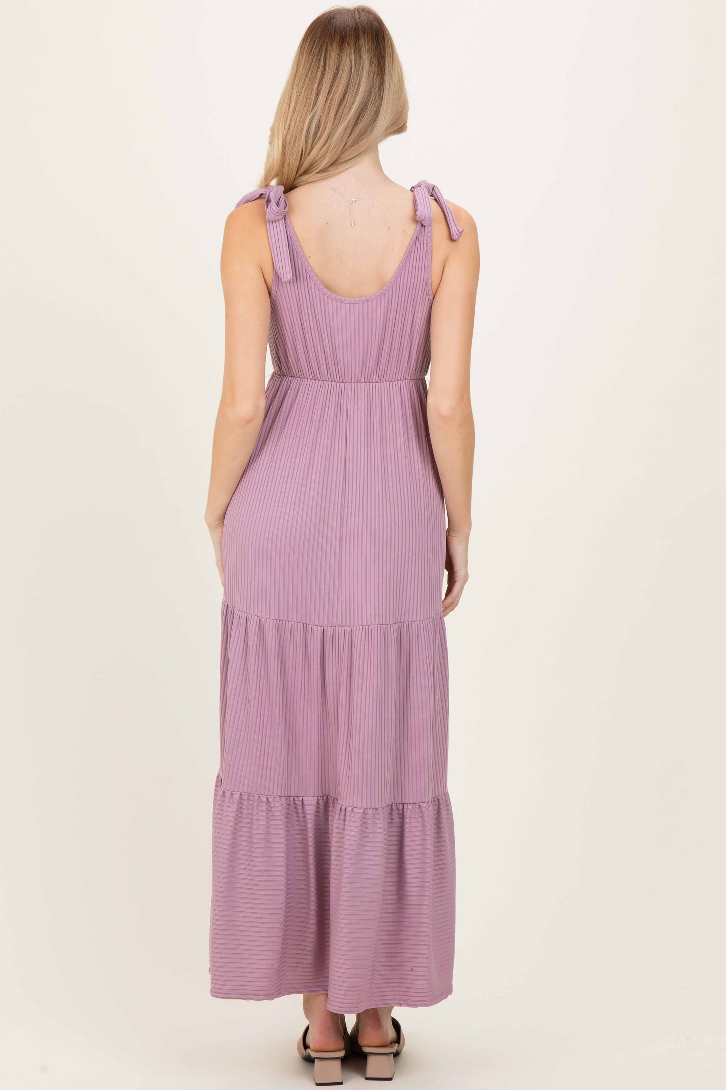 Violet Shoulder Tie Ribbed Tiered Maxi Dress
