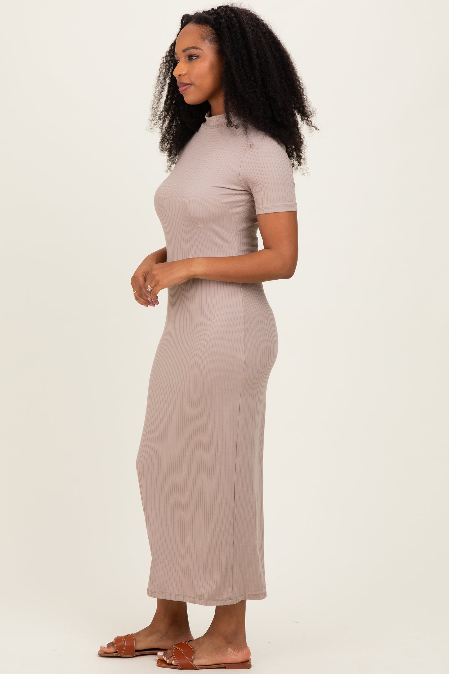 mock neck brown dress Brown Ruffle Mock Neck Long Sleeve Midi Dress PinkBlush