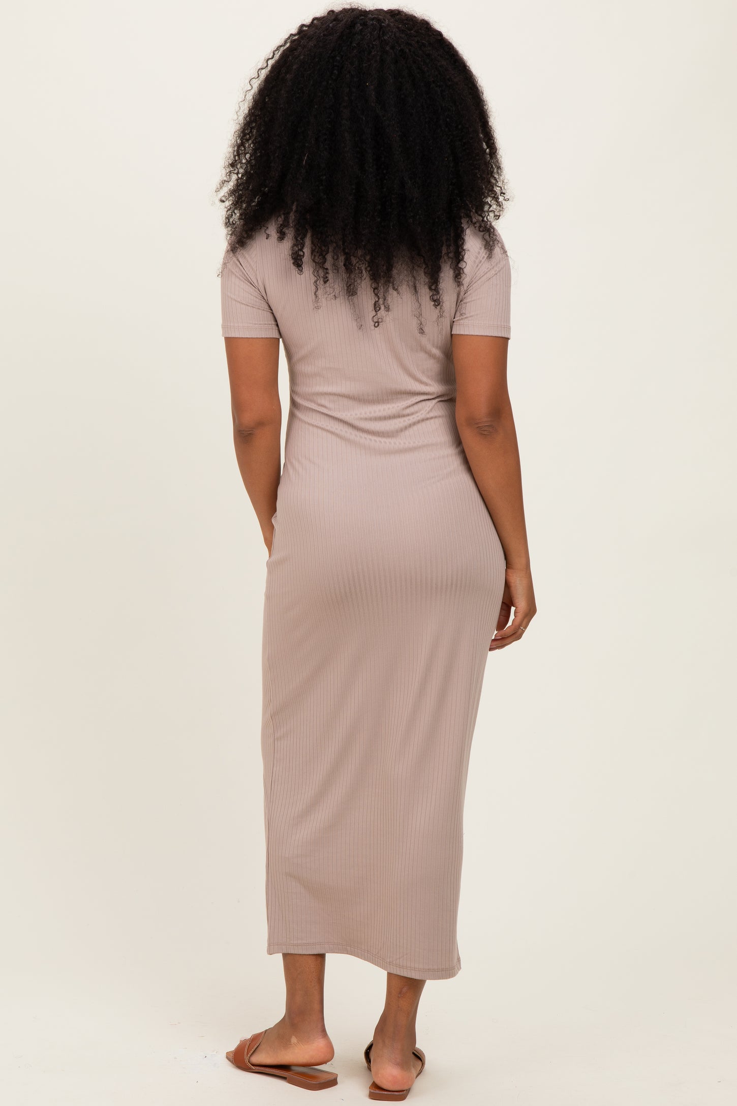 Mocha Ribbed Mock Neck Short Sleeve Midi Dress