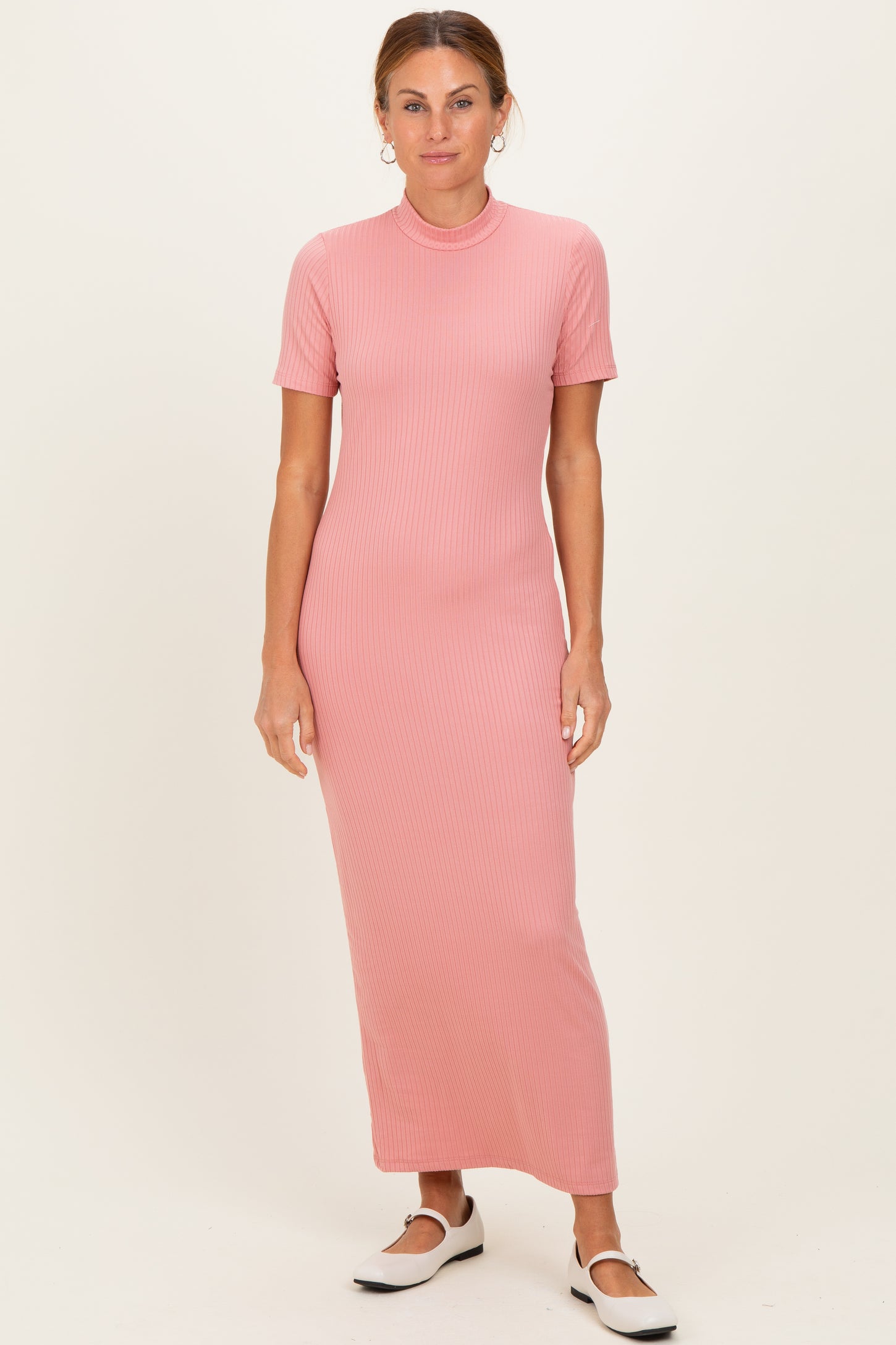 Pink Ribbed Mock Neck Short Sleeve Midi Dress