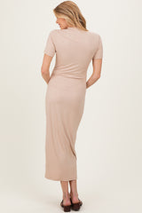 Taupe Ribbed Mock Neck Short Sleeve Maternity Midi Dress