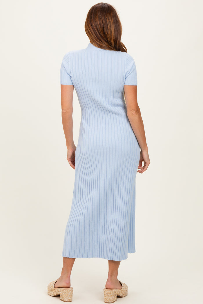 Sky Blue Ribbed Knit Tie Neck Midi Dress