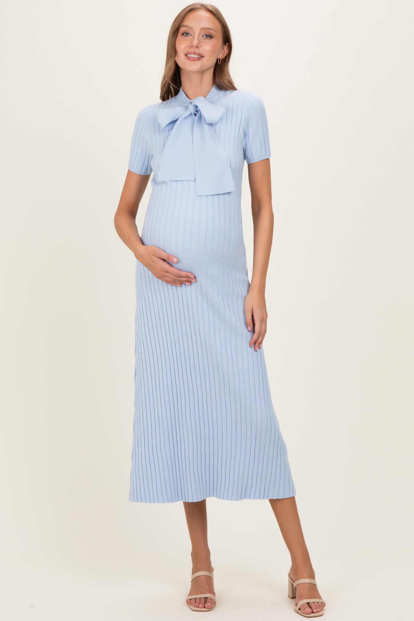 Sky Blue Ribbed Knit Tie Neck Maternity Midi Dress
