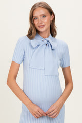 Sky Blue Ribbed Knit Tie Neck Maternity Midi Dress