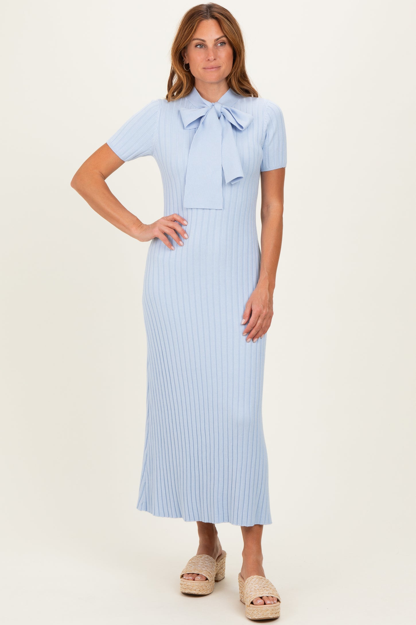 Sky Blue Ribbed Knit Tie Neck Maternity Midi Dress – PinkBlush