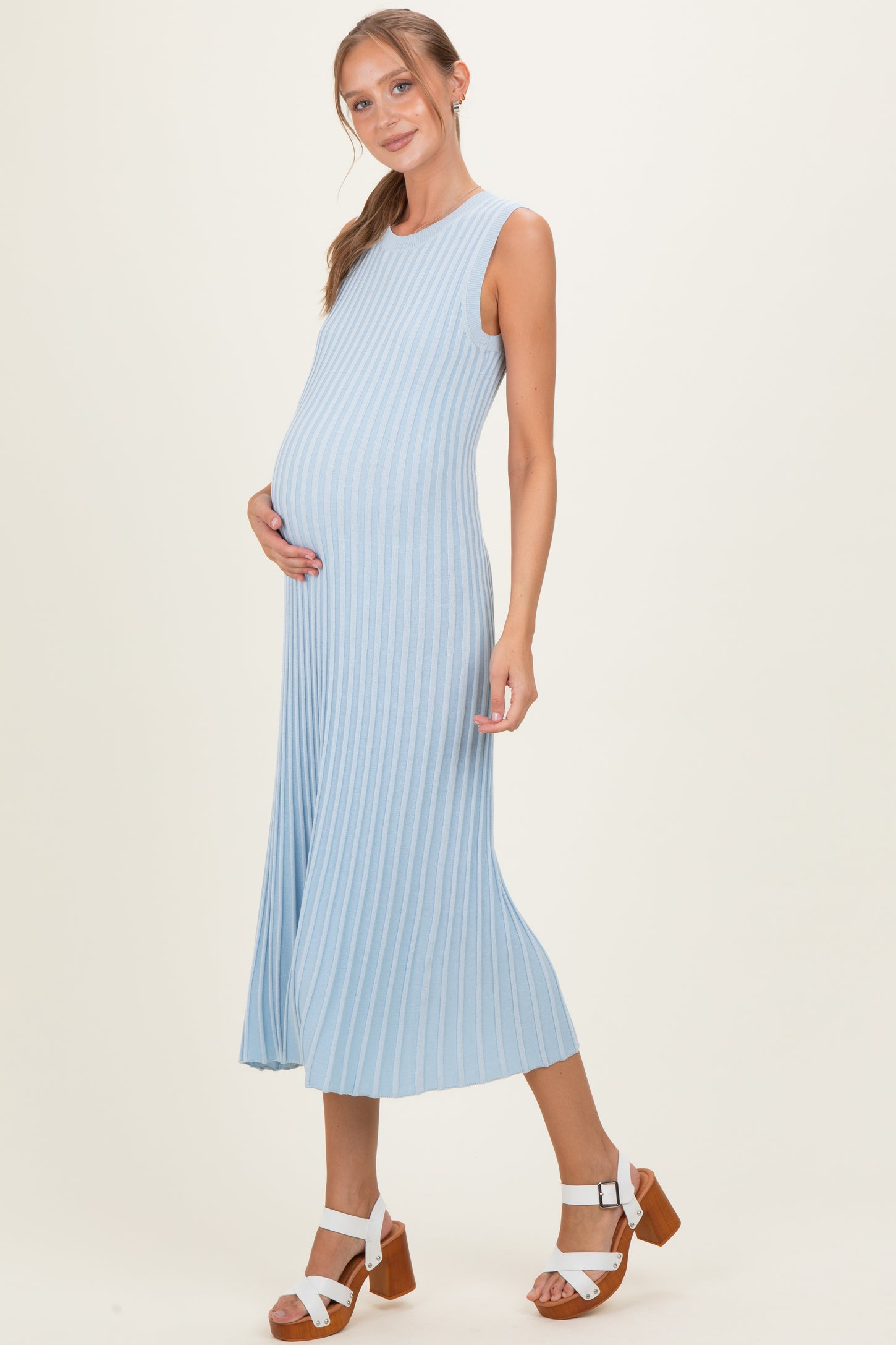 Sky Blue Ribbed Knit Sleeveless Maternity Maxi Dress