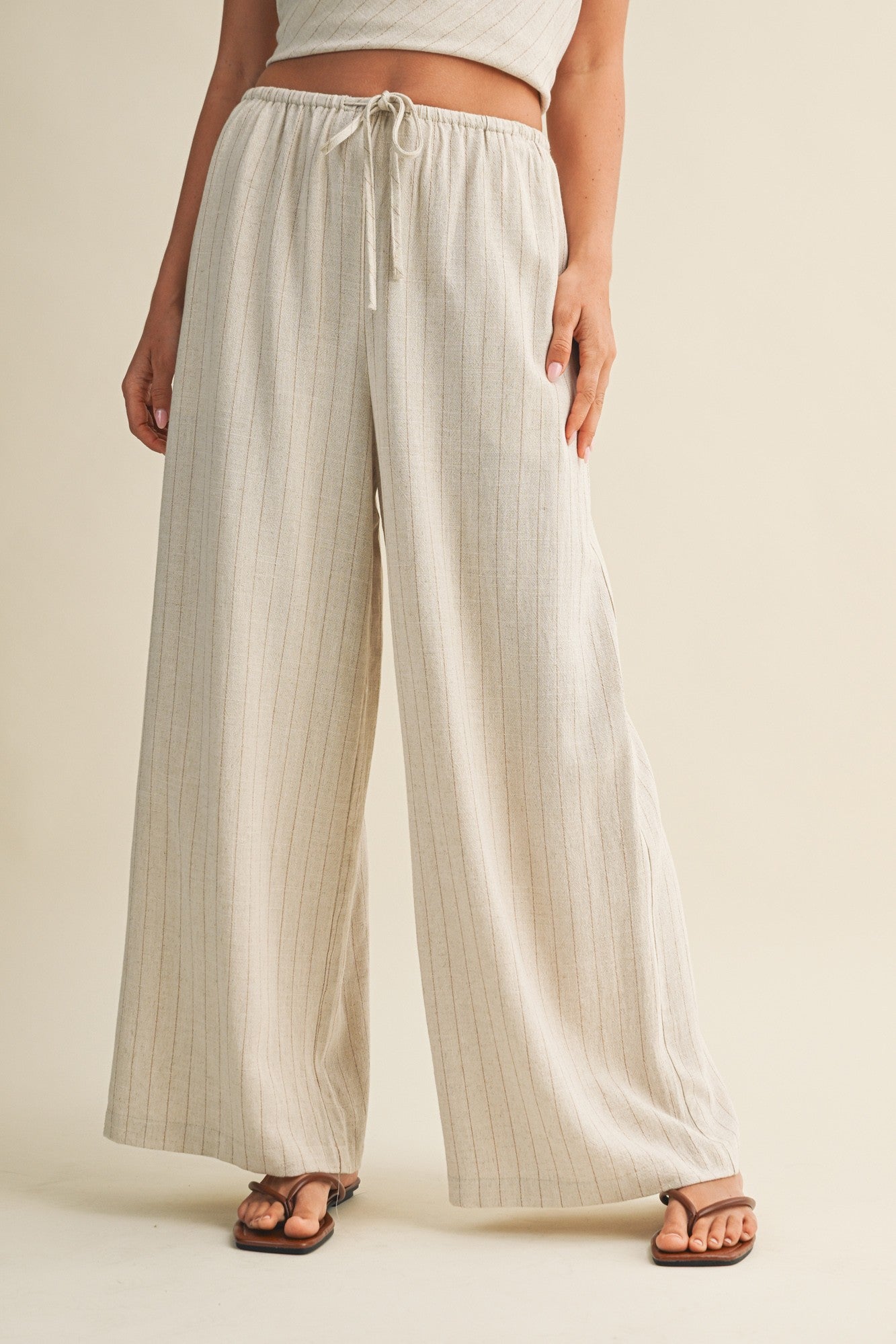 Oatmeal Pinstripe Drawstring Linen Pants