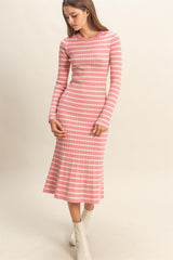 Pink Striped Knit Midi Flare Dress