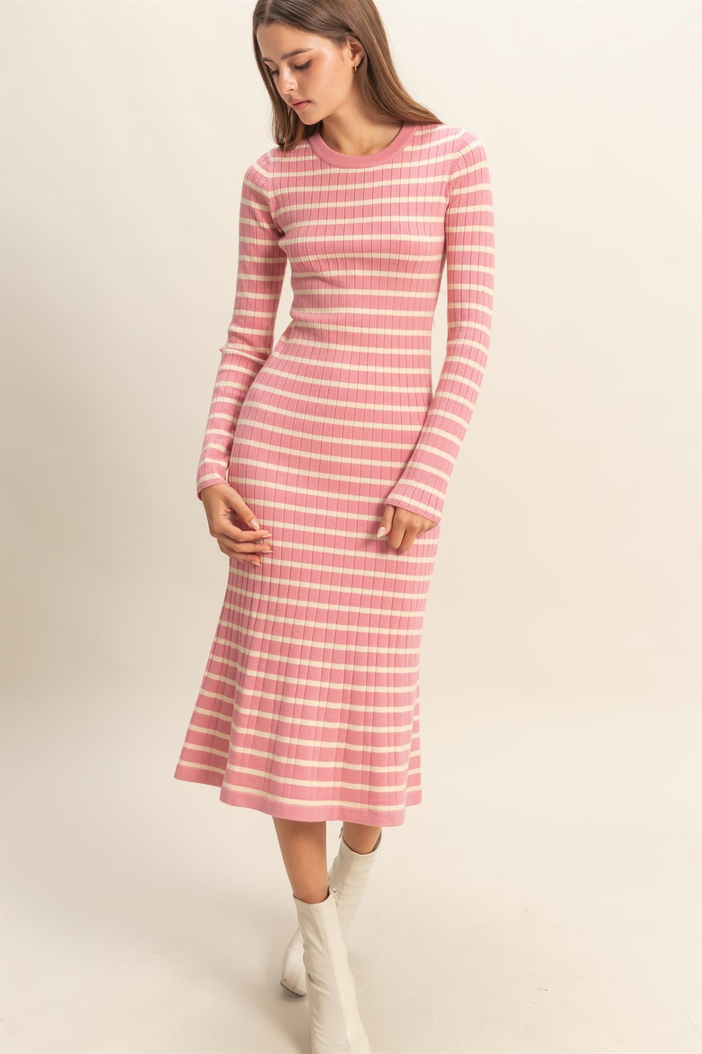 Pink Striped Knit Midi Flare Dress Pink Striped Knit Midi Flare Dress