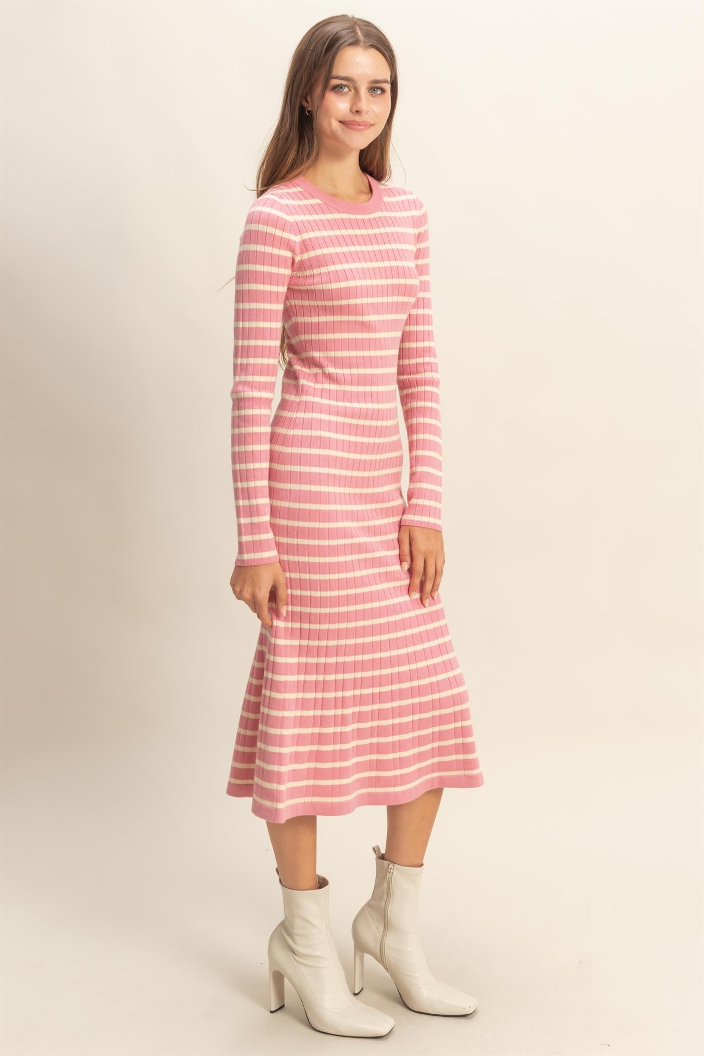 Pink Striped Knit Midi Flare Dress