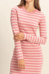 Pink Striped Knit Midi Flare Dress