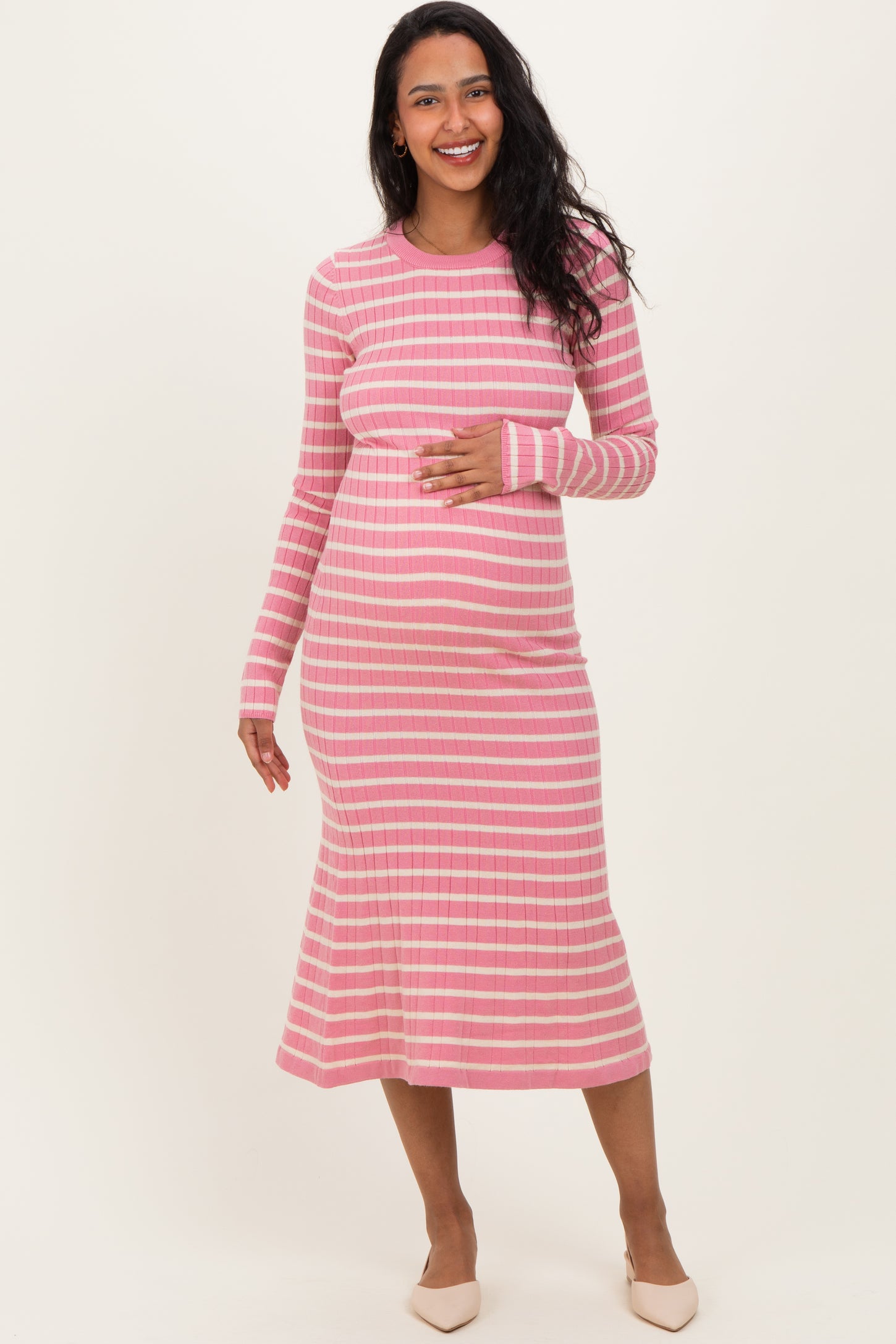 Pink Striped Knit Maternity Midi Flare Dress Pink Striped Knit Maternity Midi Flare Dress