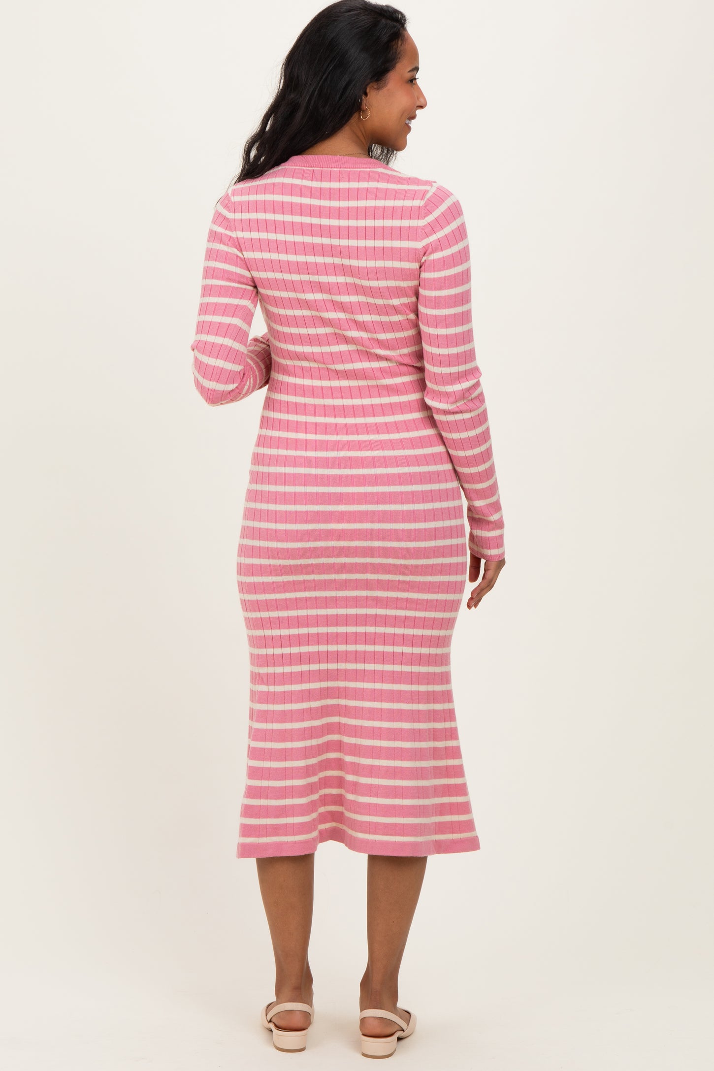 Pink Striped Knit Maternity Midi Flare Dress Pink Striped Knit Maternity Midi Flare Dress