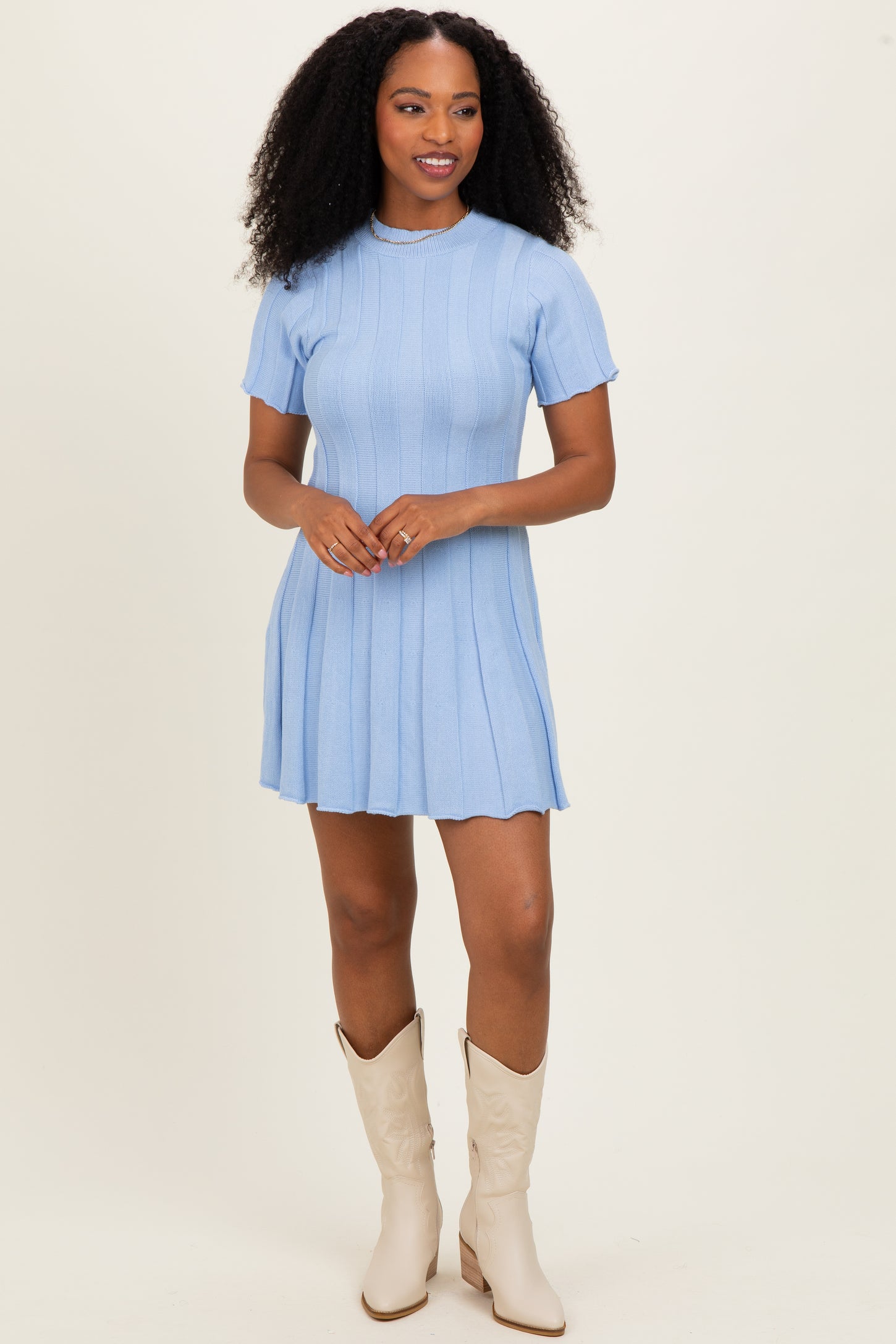 Blue Wide Rib Knit Short Sleeve Mini Dress  PinkBlush