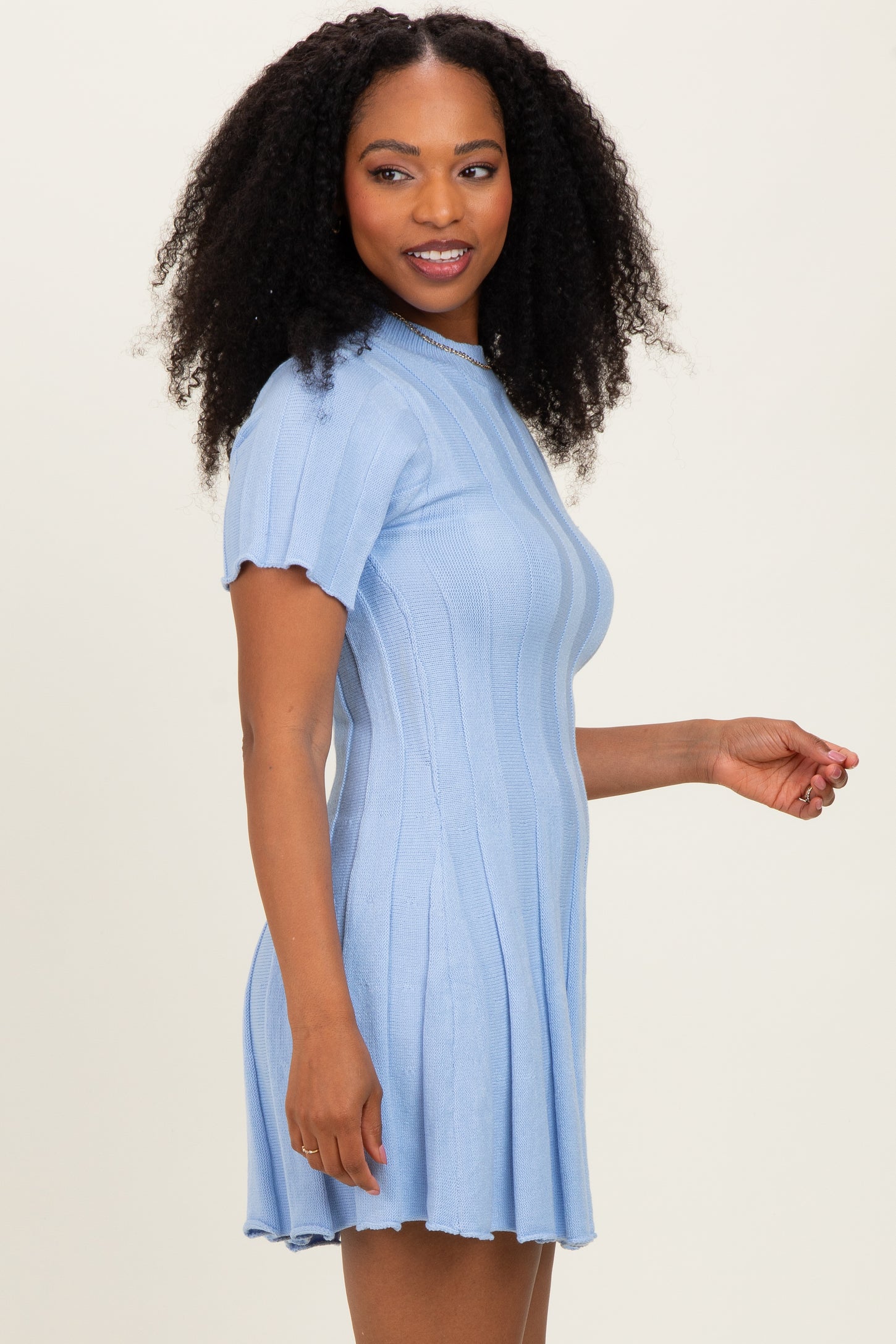 short sleeve knit mini dress Avec Les Filles Women's Blanket Stitch Spread Collar Mini Dress - Ice Blue