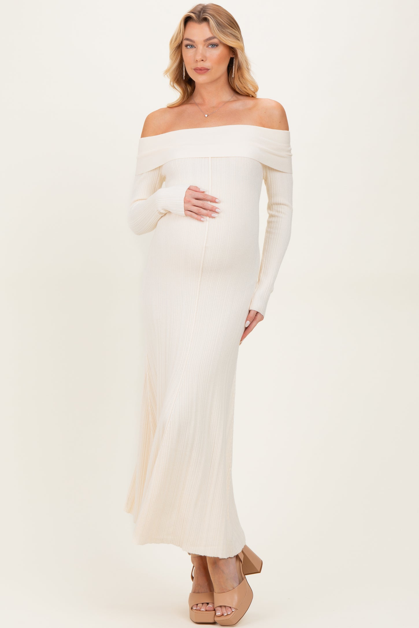 Ivory Off Shoulder Maternity Midi Sweater Dress