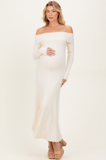 Ivory Off Shoulder Maternity Midi Sweater Dress