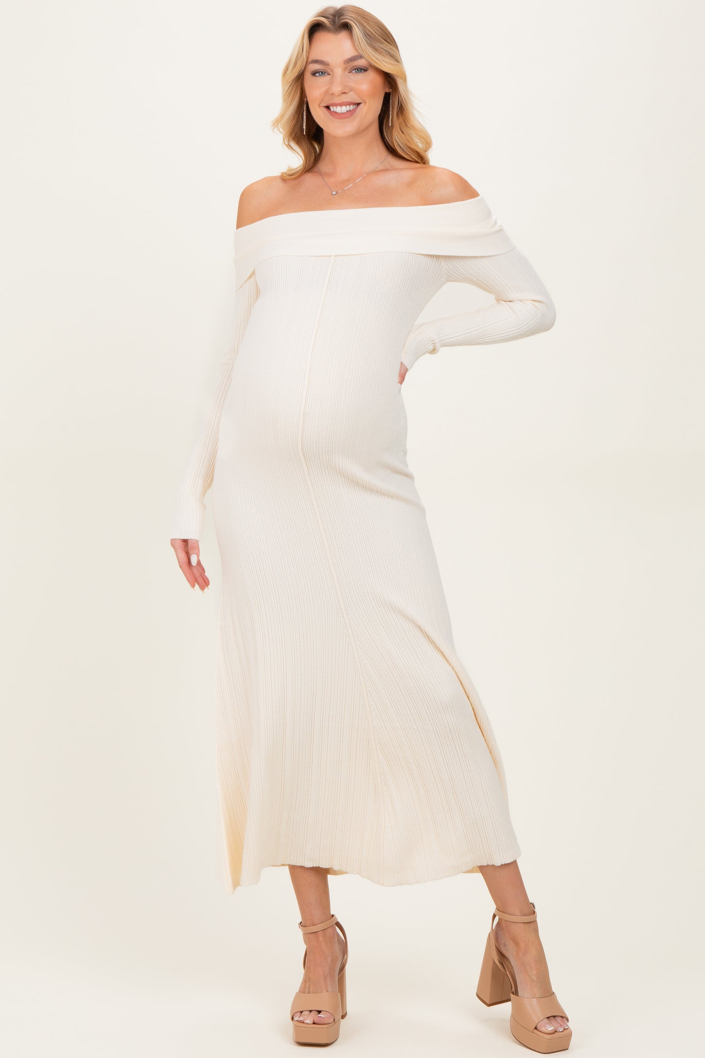 Ivory Off Shoulder Maternity Midi Sweater Dress Ivory Off Shoulder Maternity Midi Sweater Dress