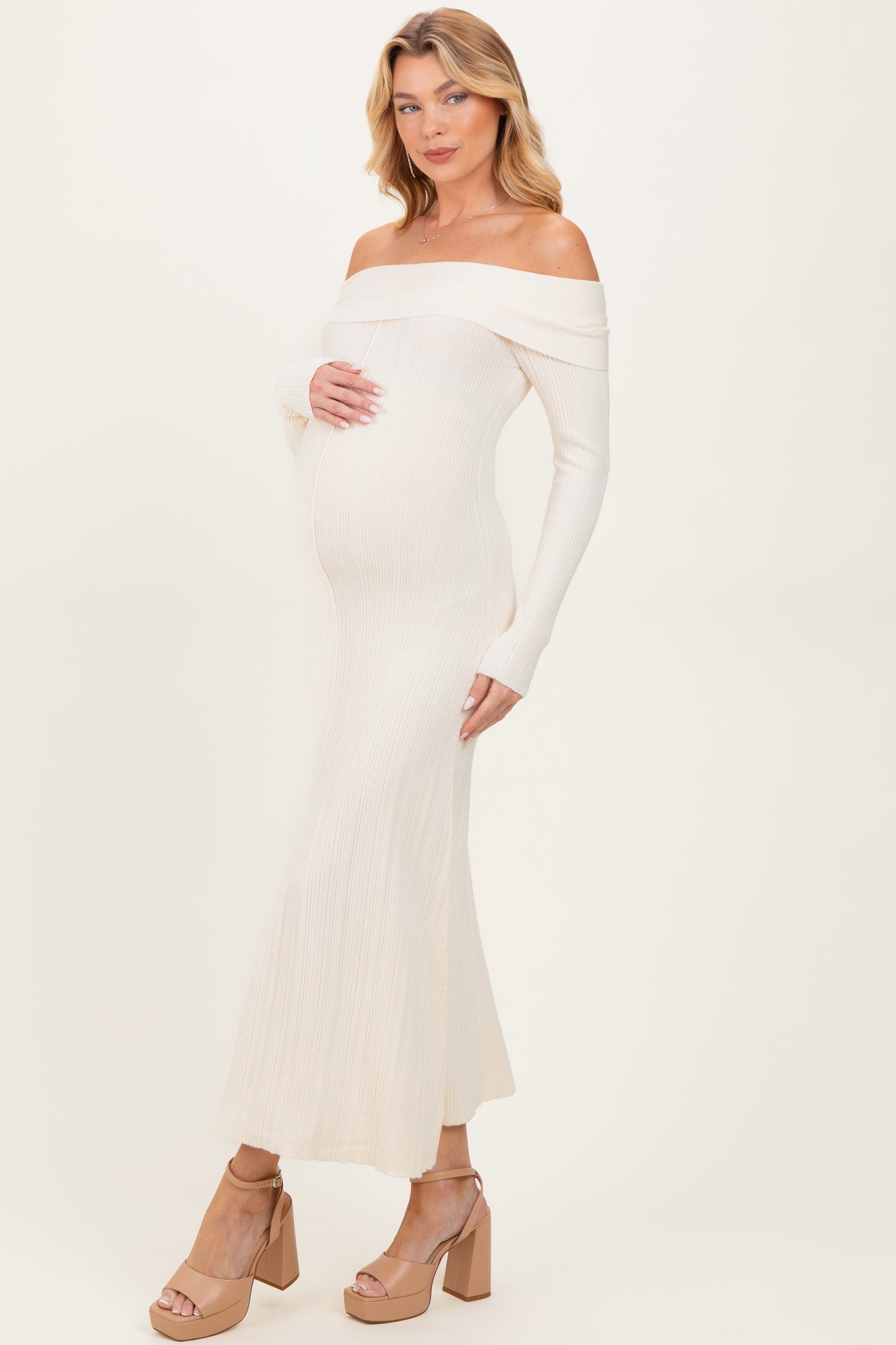 Ivory Off Shoulder Maternity Midi Sweater Dress