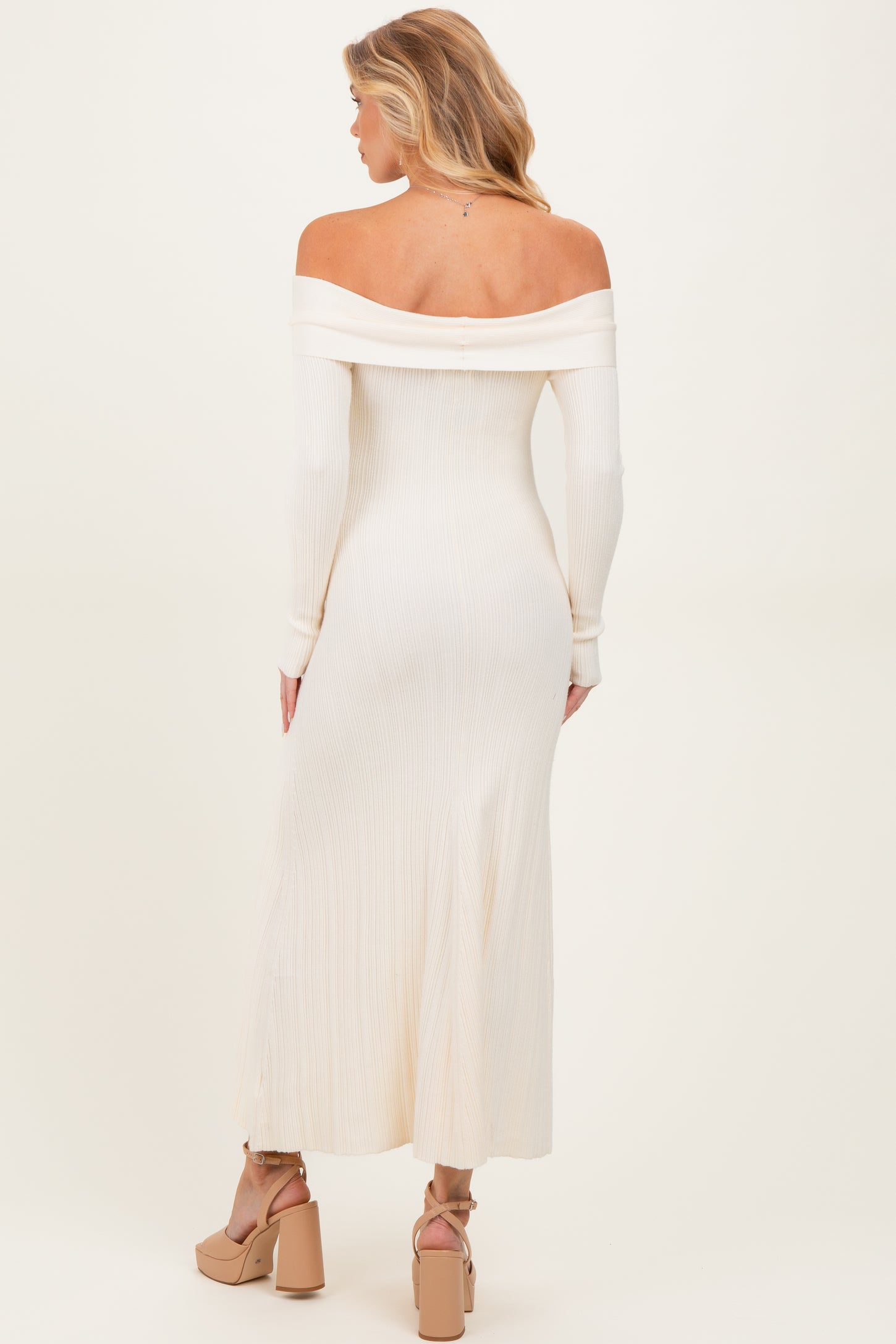 Ivory Off Shoulder Maternity Midi Sweater Dress