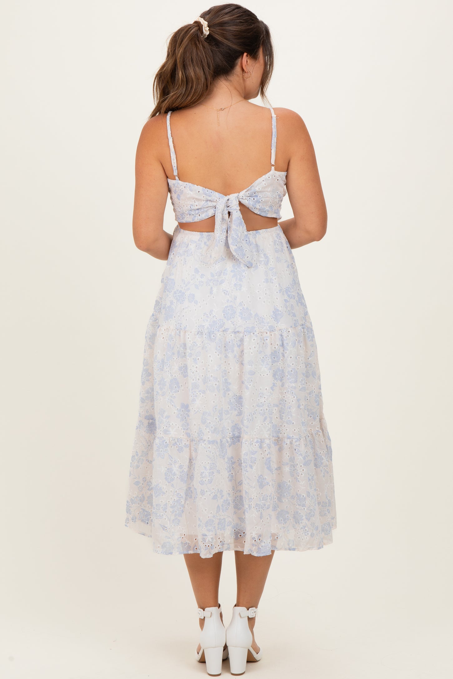 Cream Floral Eyelet Lace Tie Back Maternity Midi Dress Cream Floral Eyelet Lace Tie Back Maternity Midi Dress
