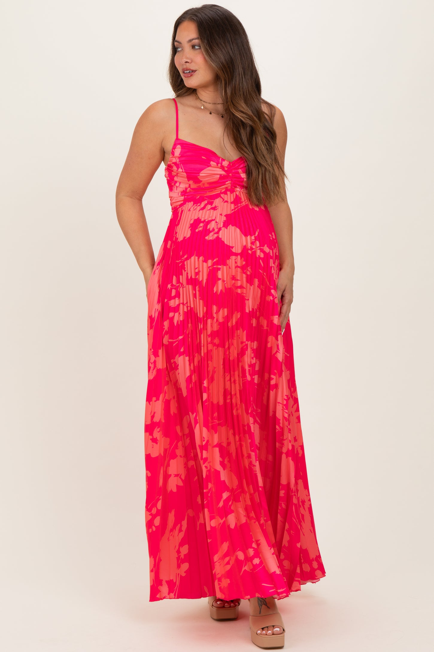 Fuchsia Floral Pleated Satin Maternity Maxi Dress