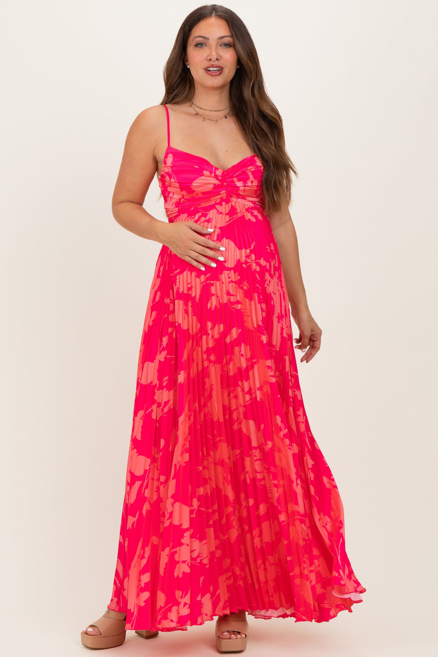 Fuchsia Floral Pleated Satin Maternity Maxi Dress