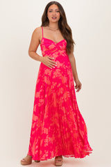 Fuchsia Floral Pleated Satin Maternity Maxi Dress