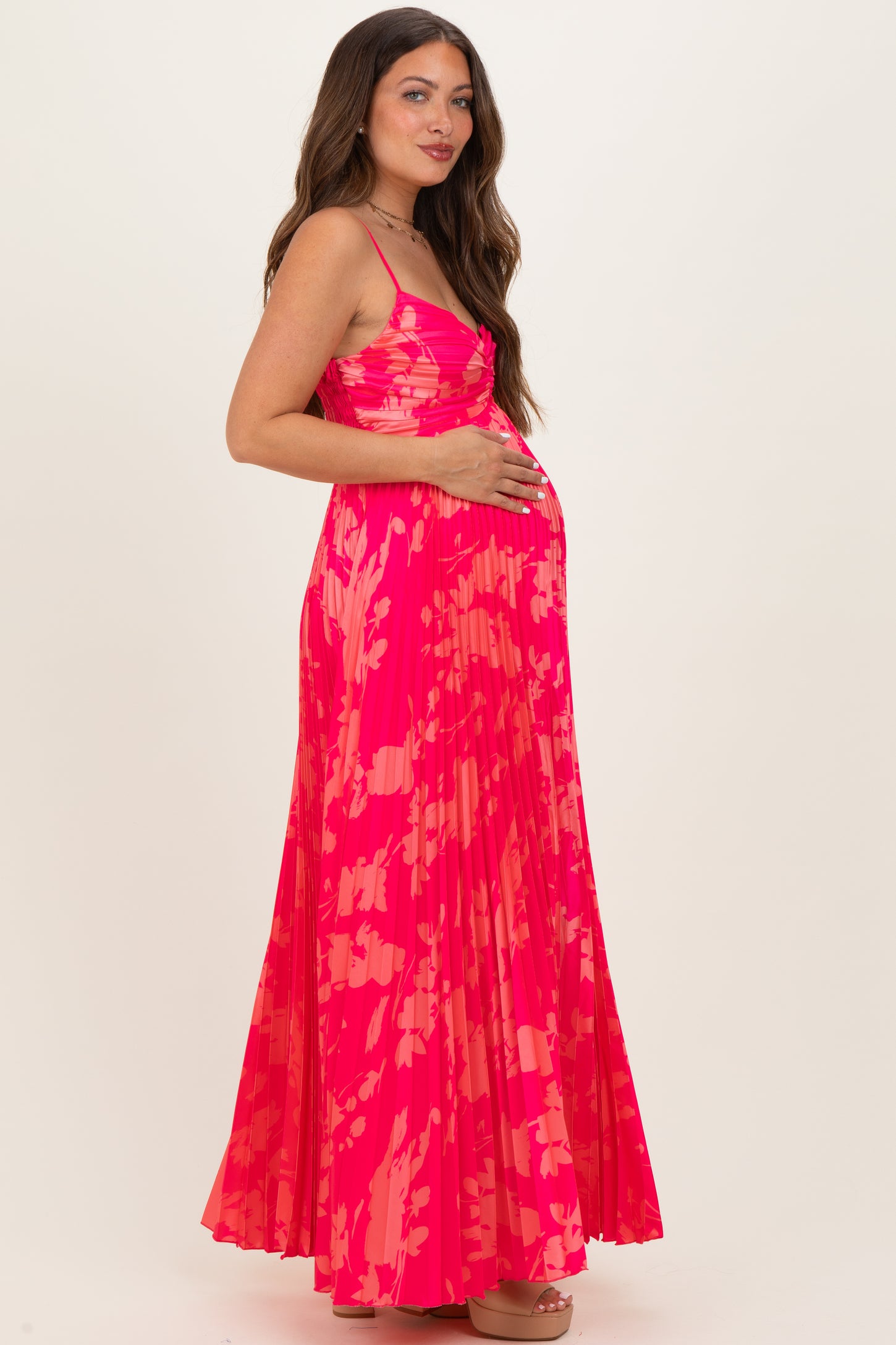 Fuchsia Floral Pleated Satin Maternity Maxi Dress