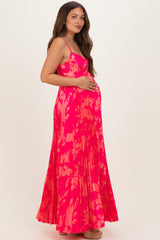 Fuchsia Floral Pleated Satin Maternity Maxi Dress