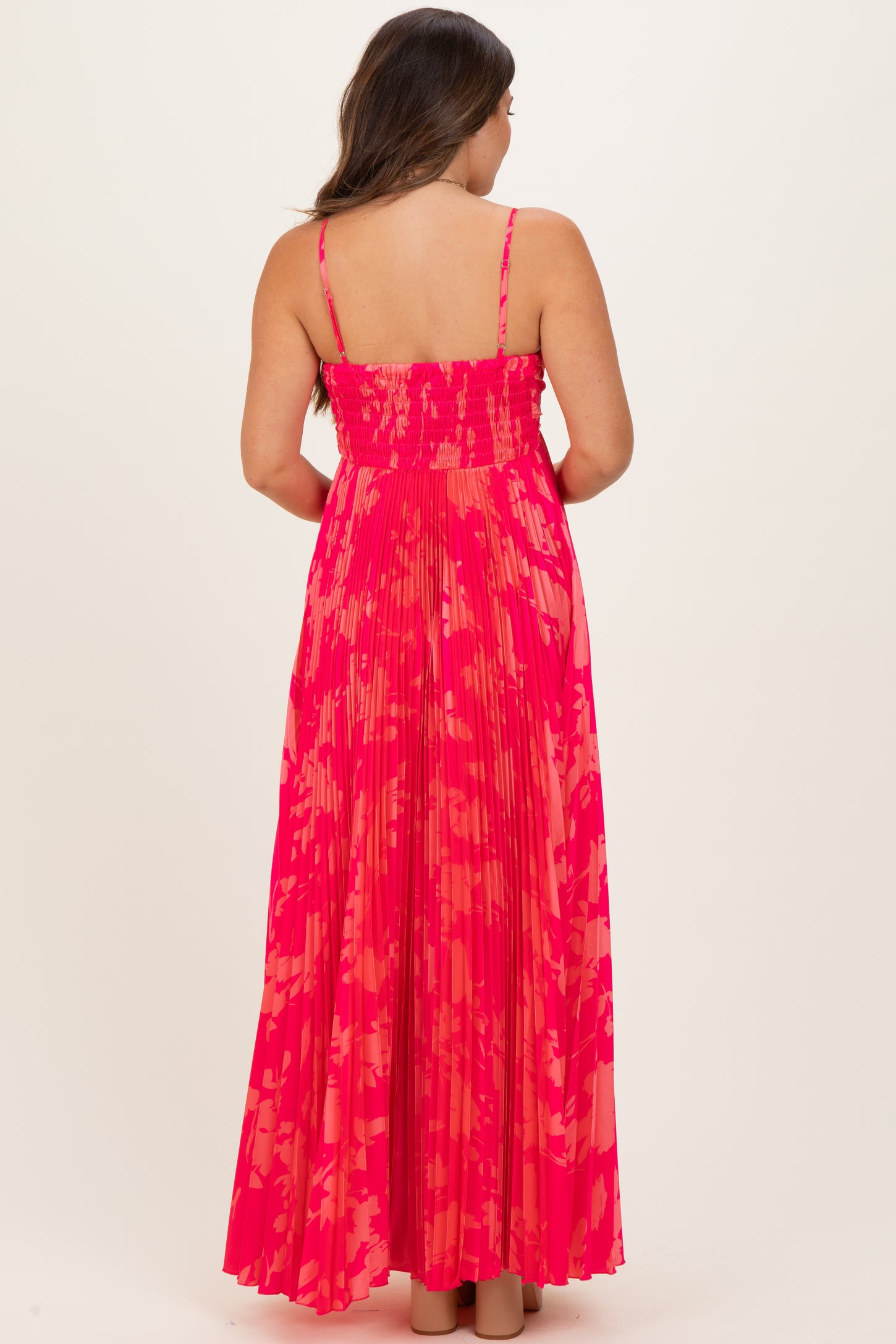 Fuchsia Floral Pleated Satin Maternity Maxi Dress