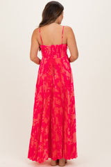 Fuchsia Floral Pleated Satin Maternity Maxi Dress