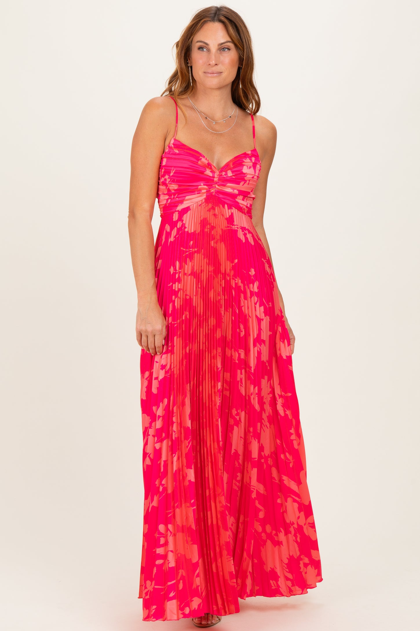 Fuchsia Floral Pleated Satin Maxi Dress Fuchsia Floral Pleated Satin Maxi Dress