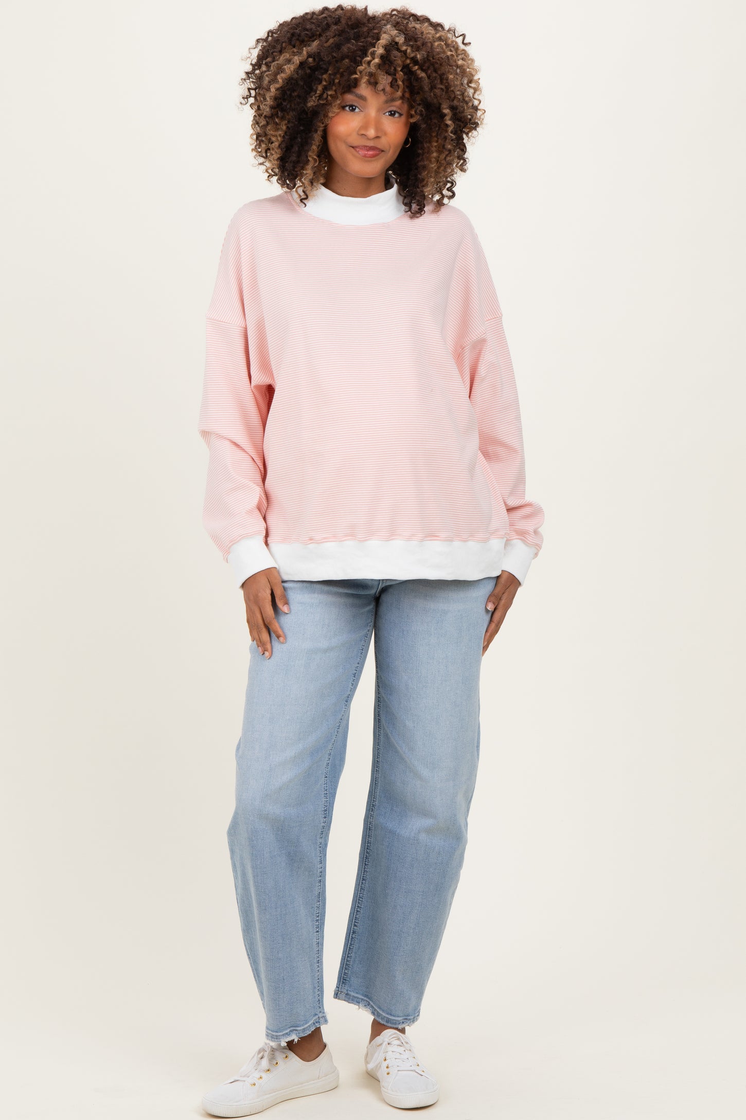 Peach Striped Mock Neck Maternity Sweatshirt