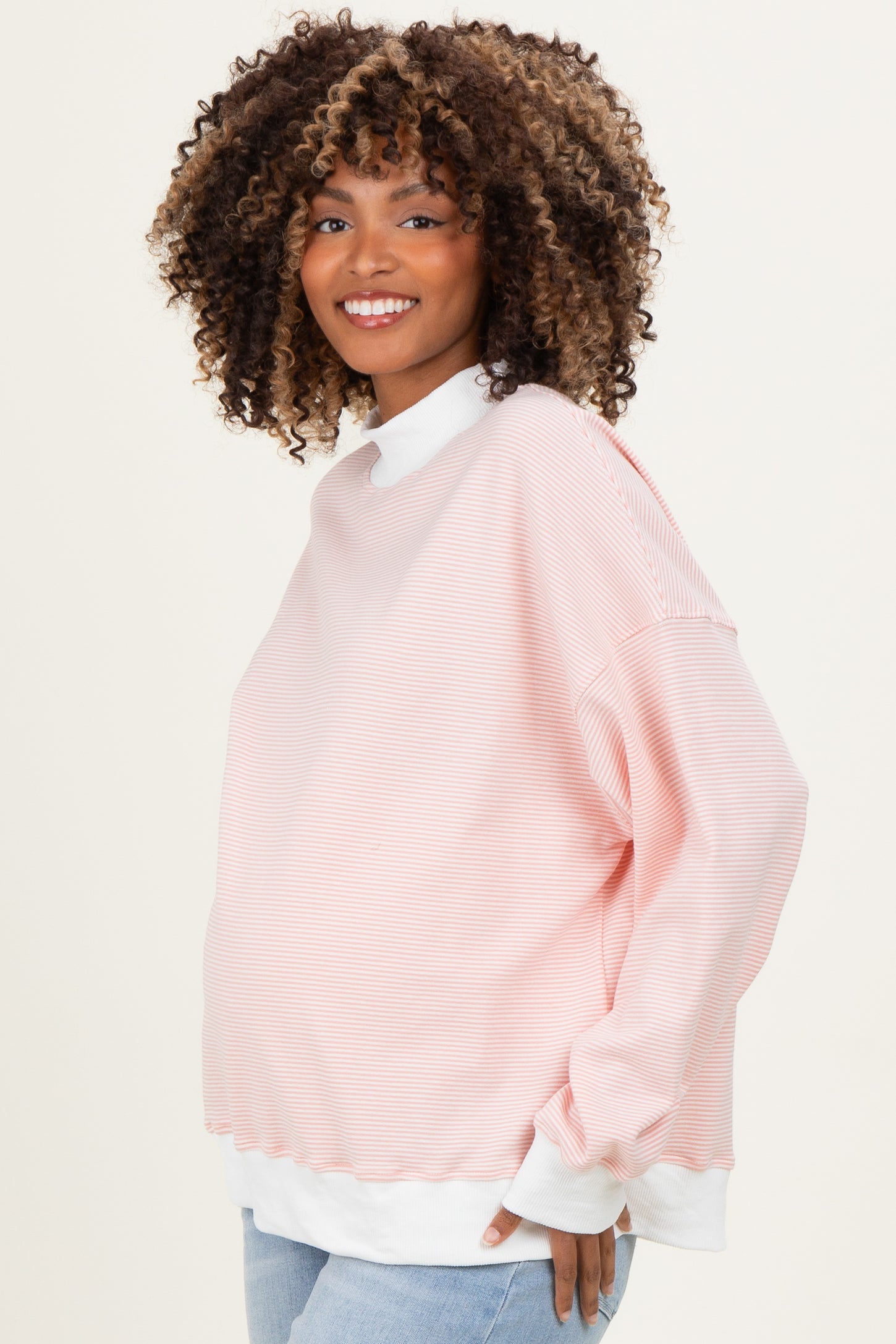 Peach Striped Mock Neck Maternity Sweatshirt