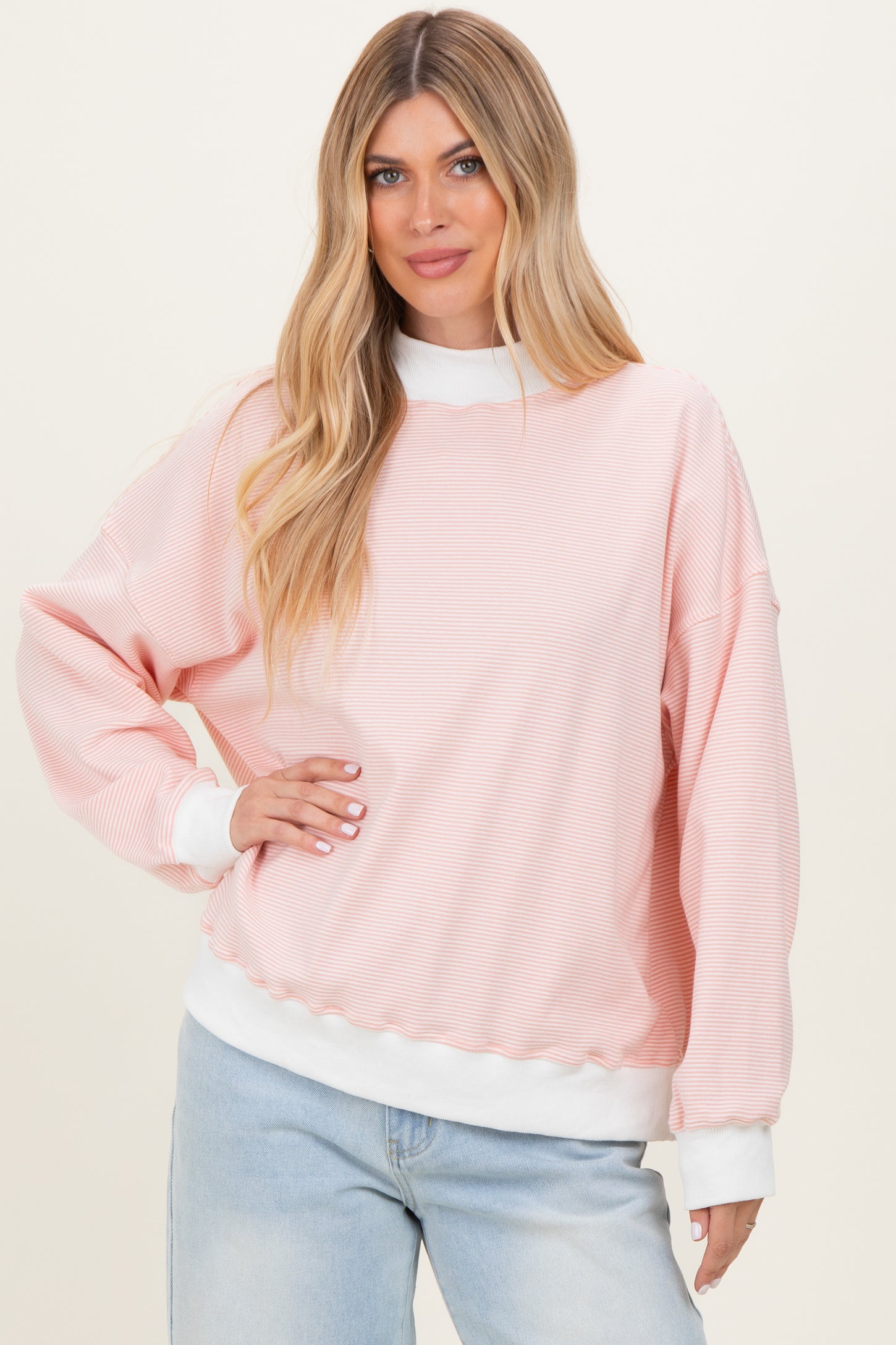 Peach Striped Mock Neck Sweatshirt
